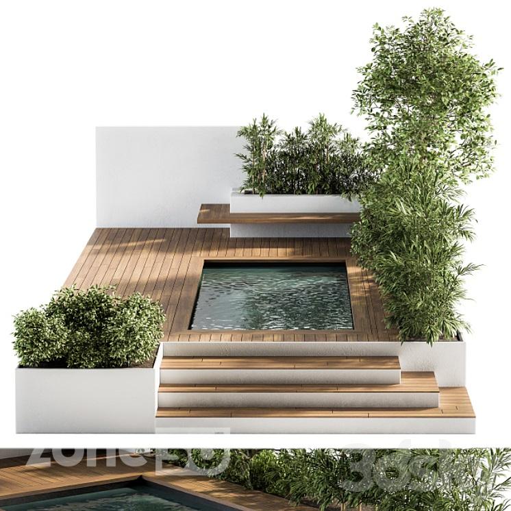 آبجکت استخر برای حیاط پشتی با مبلمان و فضای سبز و کف چوبی