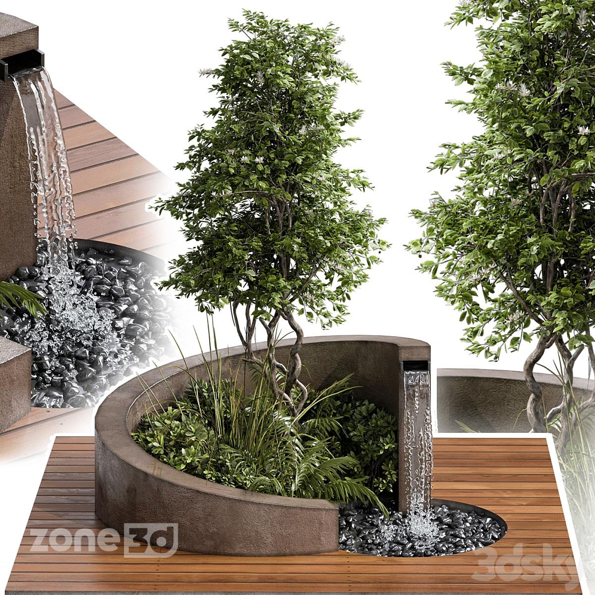 آبجکت ست باغچه به همراه درختچه و آبنمای منحنی با کف چوبی برای محوطه