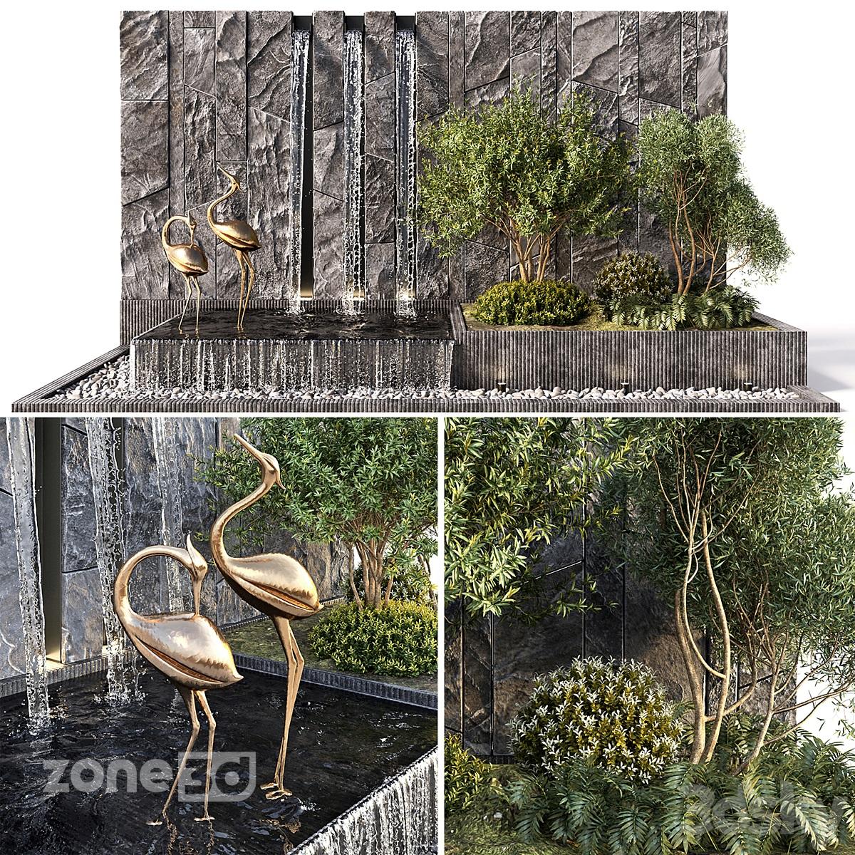 آبجکت آبشار مصنوعی با دیوار سنگی به همراه گیاهان و مجسمه برای محوطه
