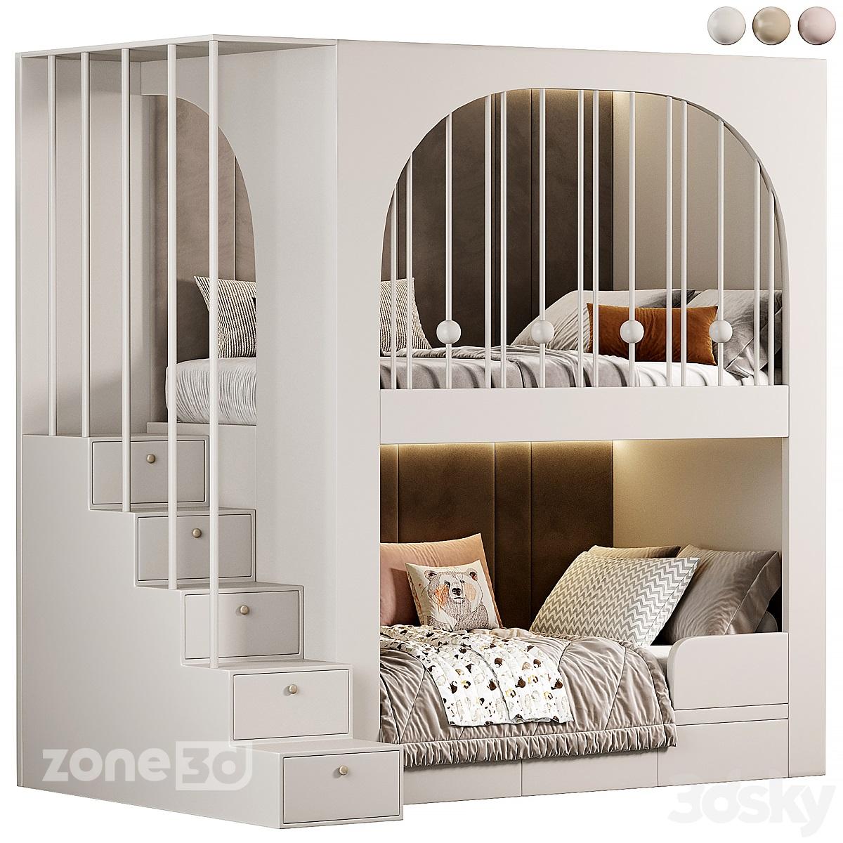 آبجکت تخت خواب دو طبقه چوبی اتاق کودک به همراه کشو زیر پله ای