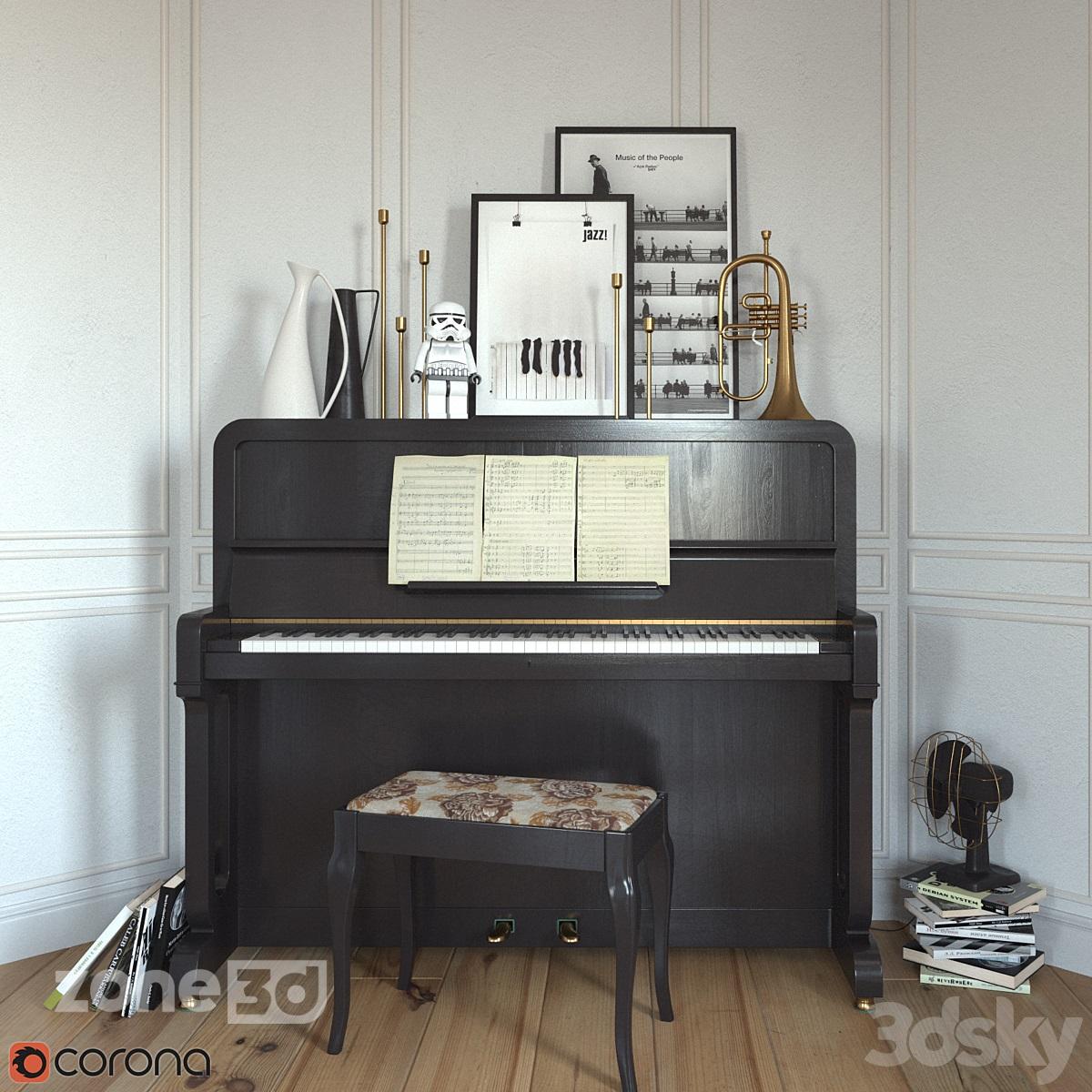 آبجکت ست پیانو مشکی به همراه صندلی چوبی و پارچه ای با فلوگل هورن
