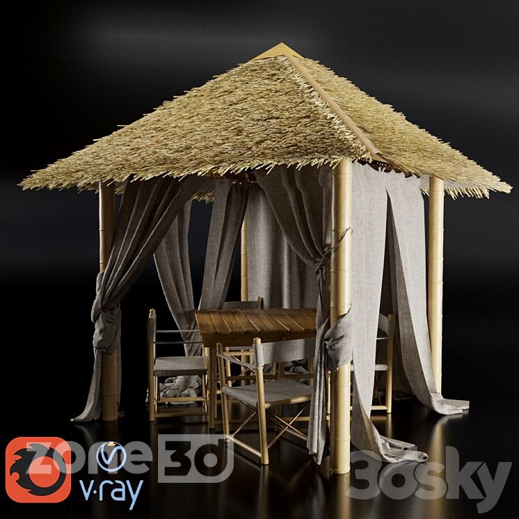 آبجکت آلاچیق با چوب بامبو برای فضای بازبه همراه صندلی و میز