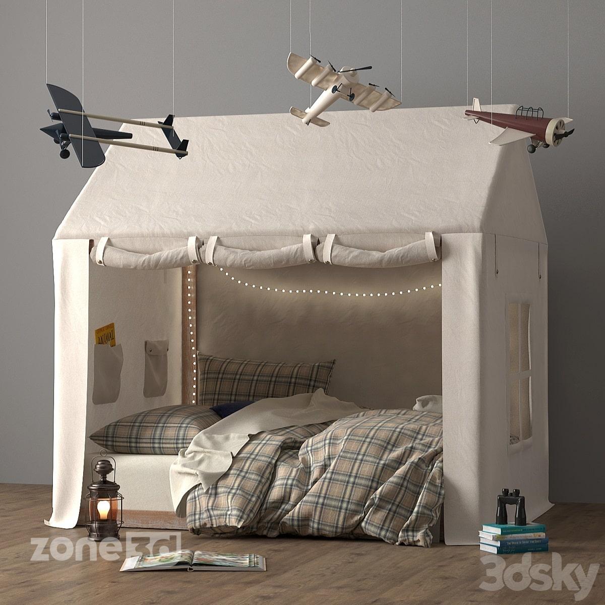 آبجکت تخت خواب اتاق کودک با چادر پارچه ای و ریسه نوری مدل NATL TWIN