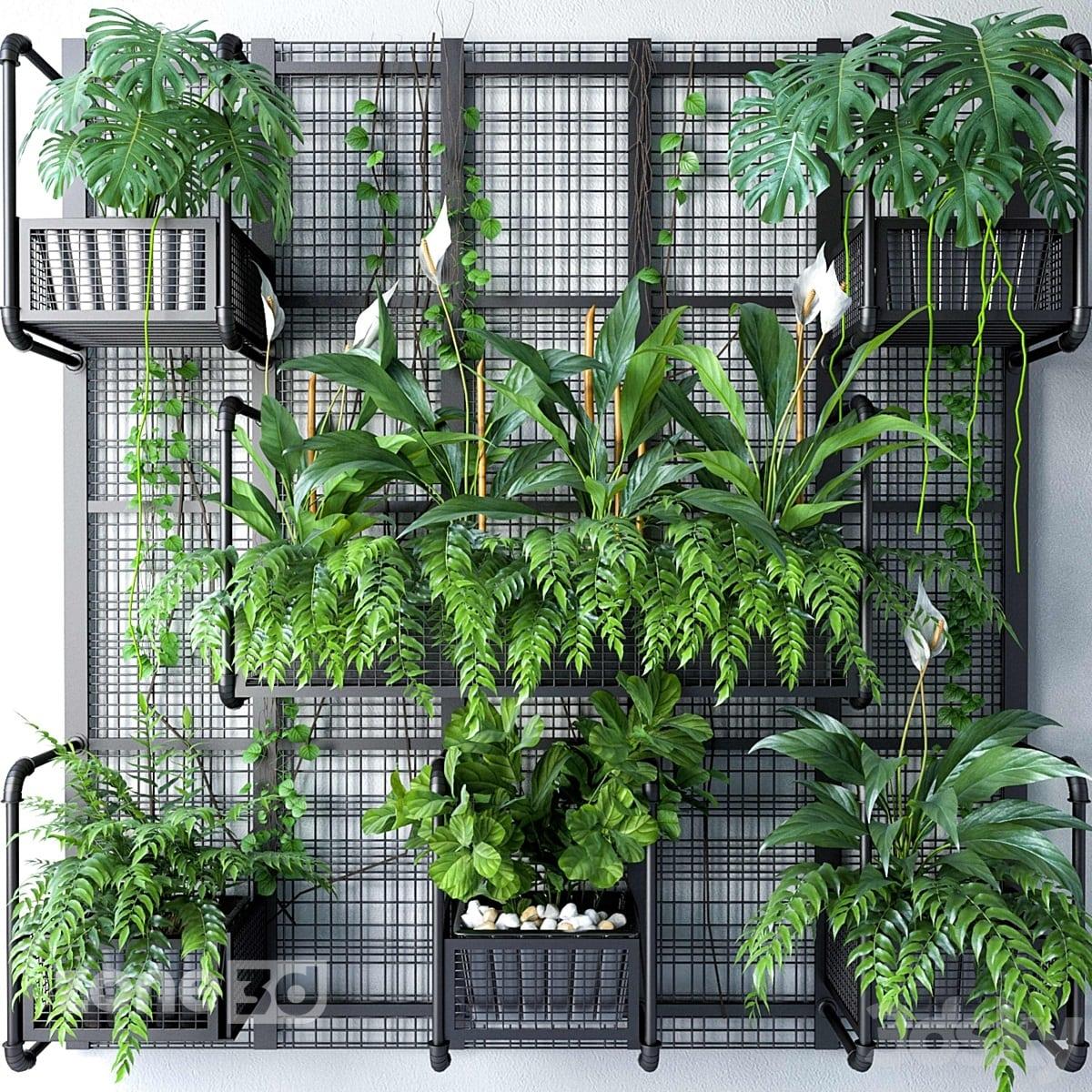 آبجکت دیوار سبز با بدنه فلزی توری به همراه گلدان و گیاهان مدل JC Wall Grid