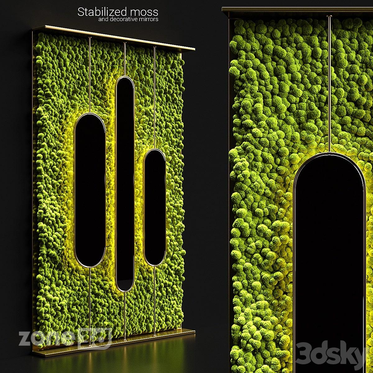 آبجکت دیوار سبز خزه عمودی مدرن با نور پردازی و آینه فلزی بیضی مشکی