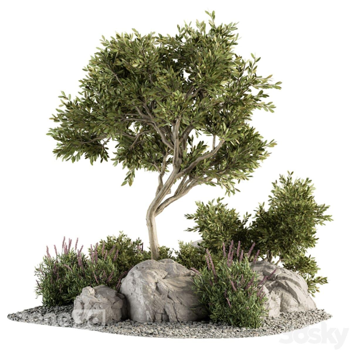 آبجکت درختچه به همراه گیاهان بوته ای و قلوه سنگ برای باغچه محوطه