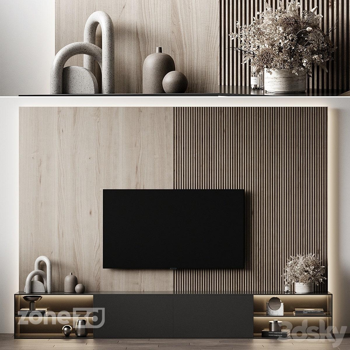آبجکت ست میز تلوزیون با لوازم دکوری سنگی و فلزی با دیوار پشتی چوبی