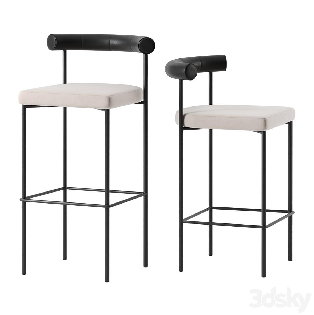 آبجکت صندلی پارچه ای با پشتی چرمی با پایه های بلند و کوتاه فلزی مشکی مدل Kashmir bar stool