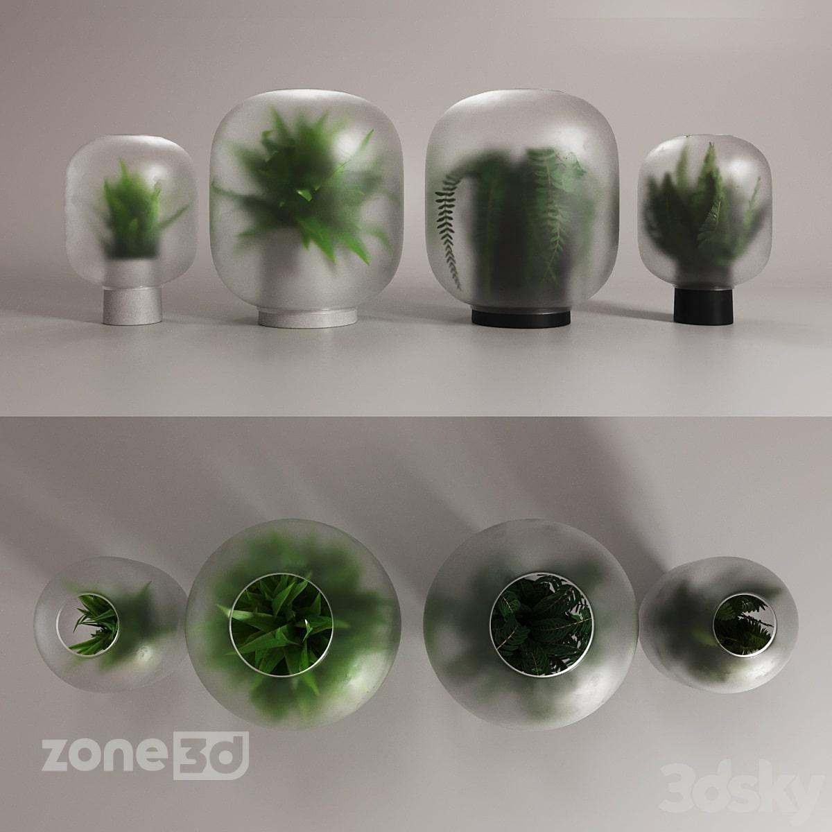 آبجکت گلدان شیشه ای گرد مدرن چهارعددی به همراه گیاه مدل NEBL