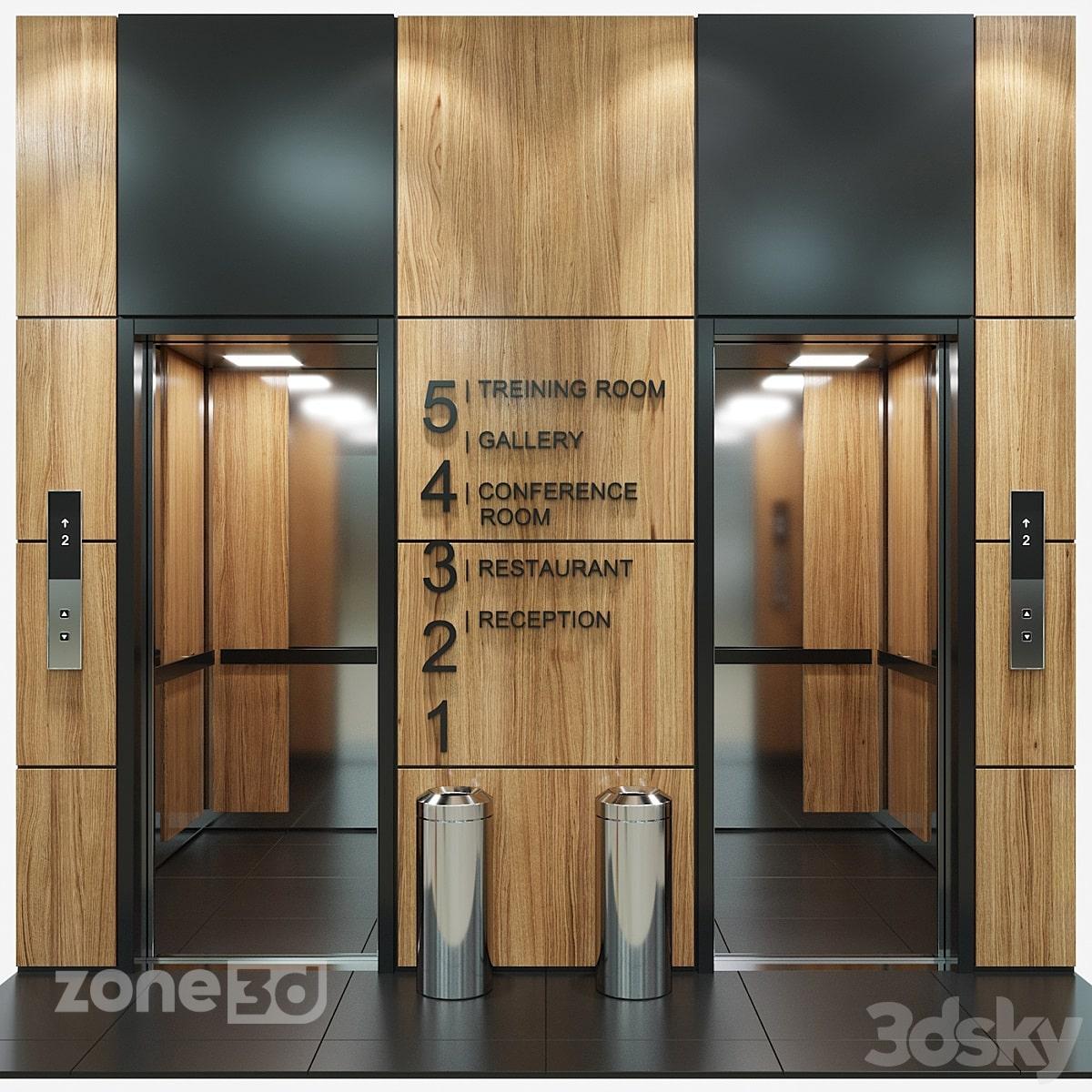 آبجکت ورودی دو عددی آسانسور به همراه دیوار چوبی و فلزی و کابین