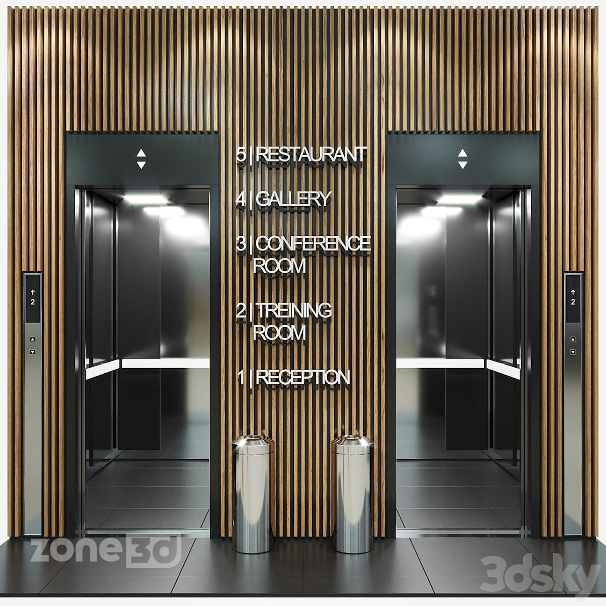 آبجکت ورودی آسانسور دو عددی با دیوار چوبی شیاردار و کابین