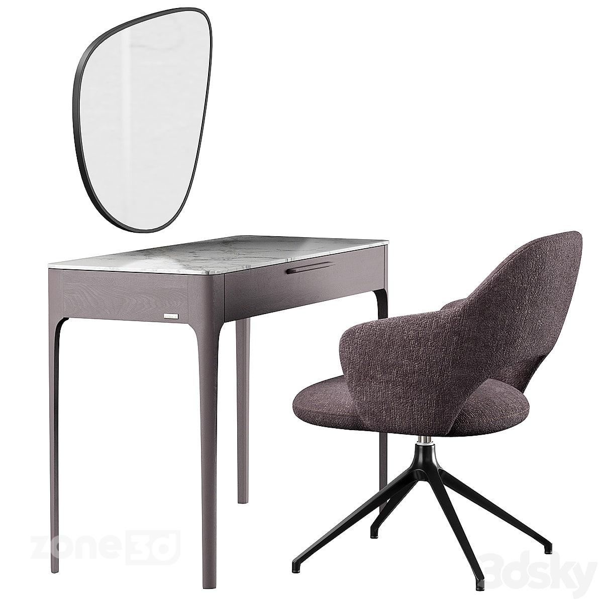 آبجکت میز آرایش مدرن چوبی با رویه سنگی به همراه آیینه و صندلی پارچه ای مدل Mara