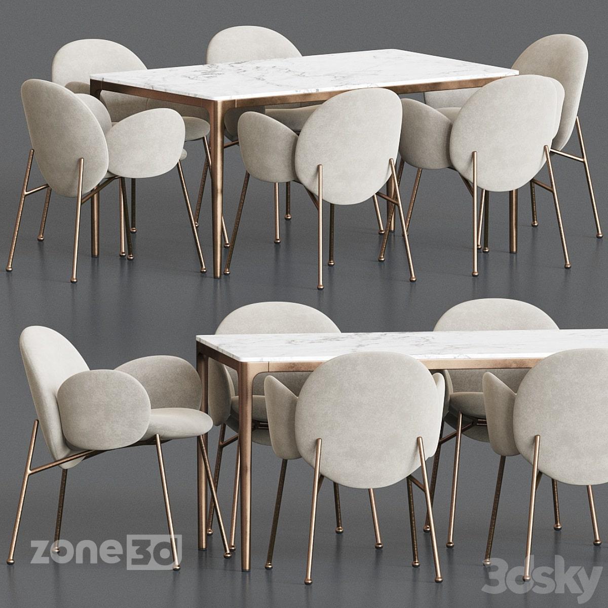 آبجکت میز غذاخوری مدرن با رویه سنگی و پایه فلزی به همراه صندلی پارچه ای مدل OLA&CANTO