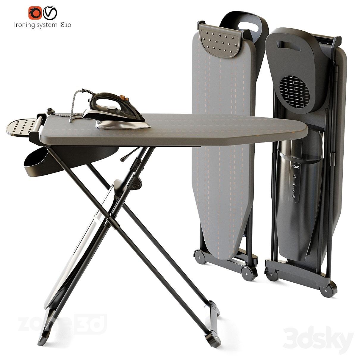 آبجکت میز اتو مدرن با رویه پارچه ای و پایه فلزی به همراه اتو برند BORK i810
