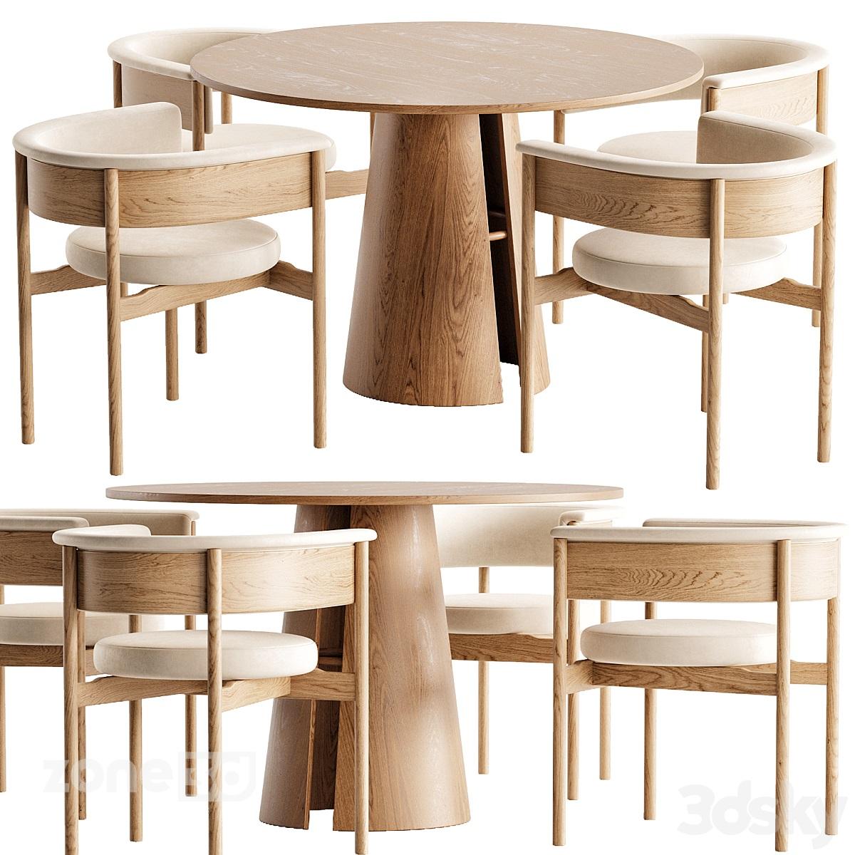 آبجکت میز غذاخوری چوبی گرد چهارنفره با صندلی پارچه ای مدل Karimoku&Teulat