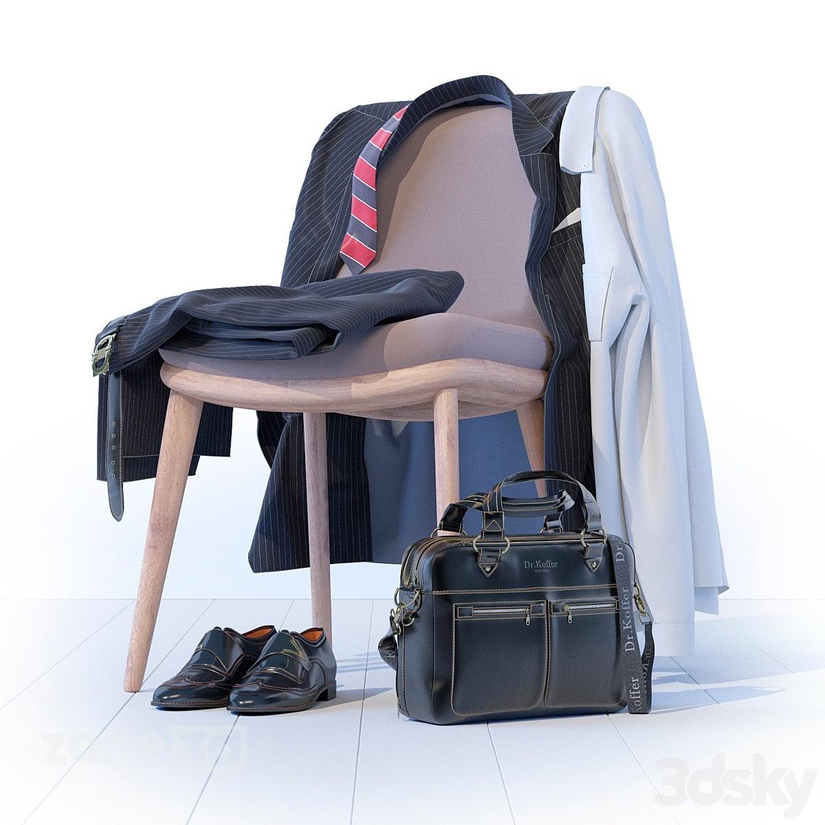 آبجکت ست لباس مردانه رسمی مدرن به همراه کفش و صندلی با کیف چرمی مدل Dr.Koffer