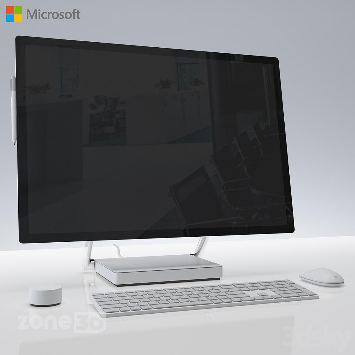 آبجکت مانیتور به همراه کیبورد و ماوس مدرن به همراه قلم نوری مدل Surface Studio