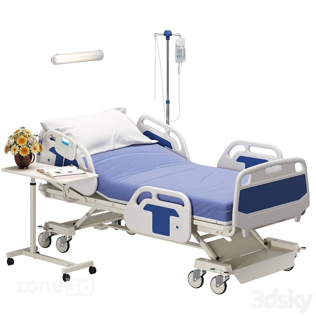 آبجکت تخت بیمار بیمارستانی مدرن پارچه ای و پلاستیکی مدرن به همراه تجهیزات