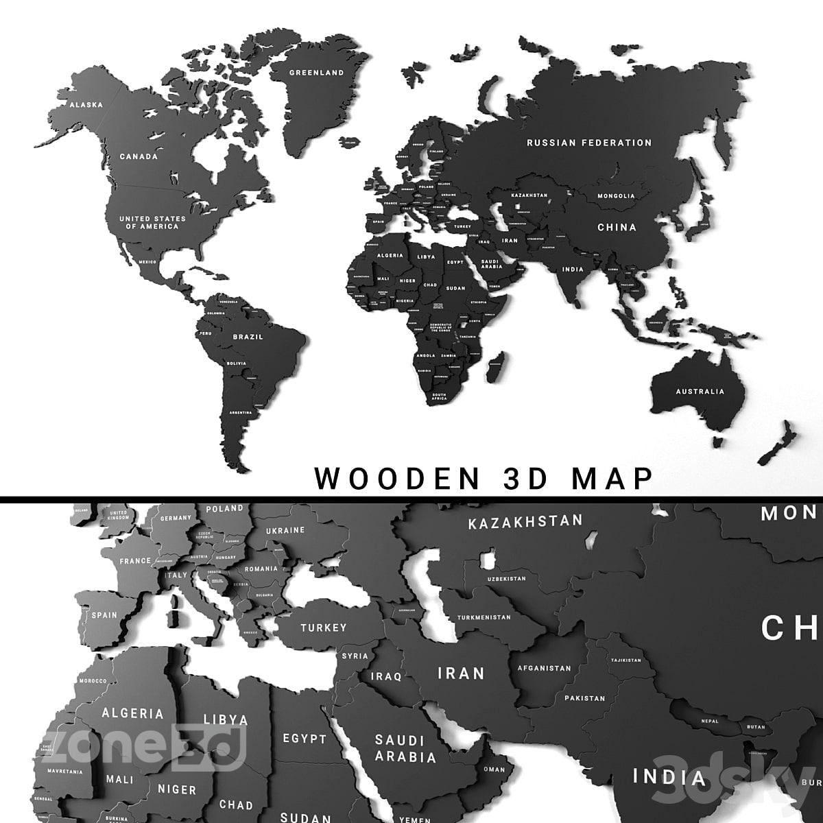 آبجکت نقشه سه بعدی چوبی کشورهای جهان برای دیوار