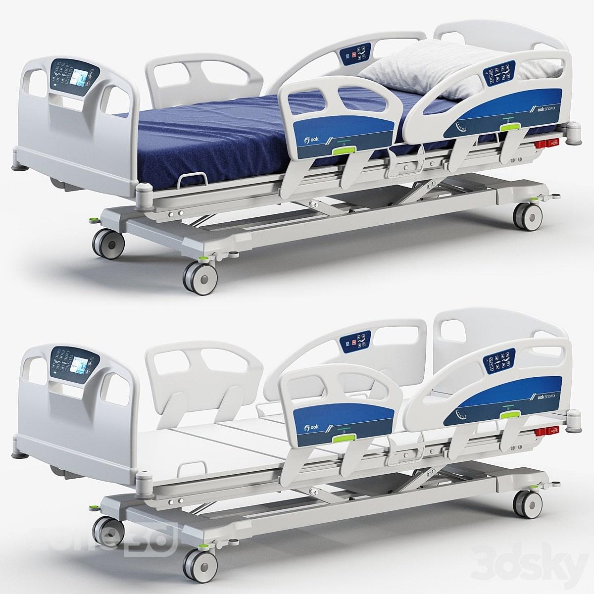 آبجکت تخت بیمار مدرن فلزی و پلاستیکی بیمارستانی با پایه چرخدار