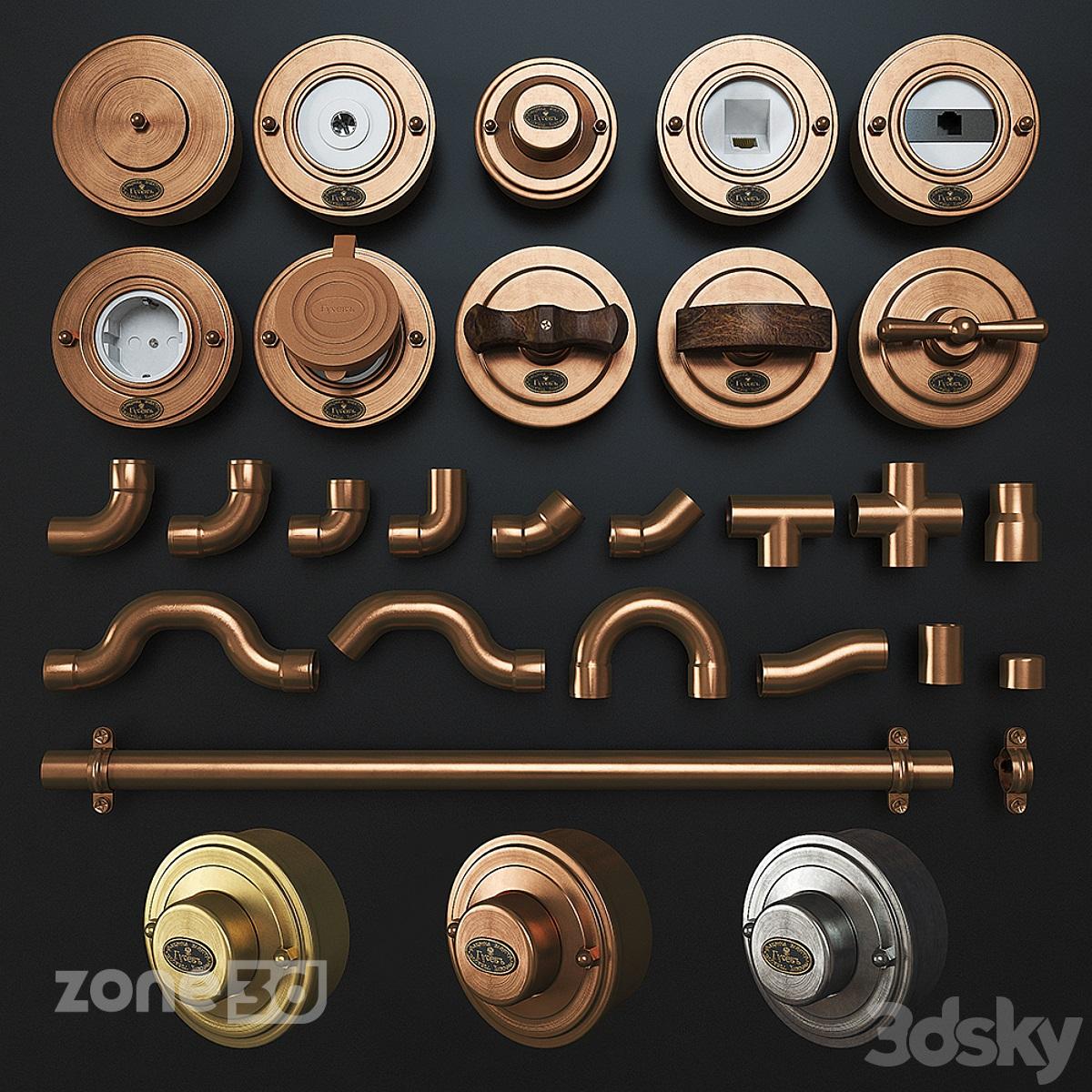 آبجکت ست کلید و پریز گرد فلزی رِترو به همراه لوله کشی فلزی مسی مدل gusev