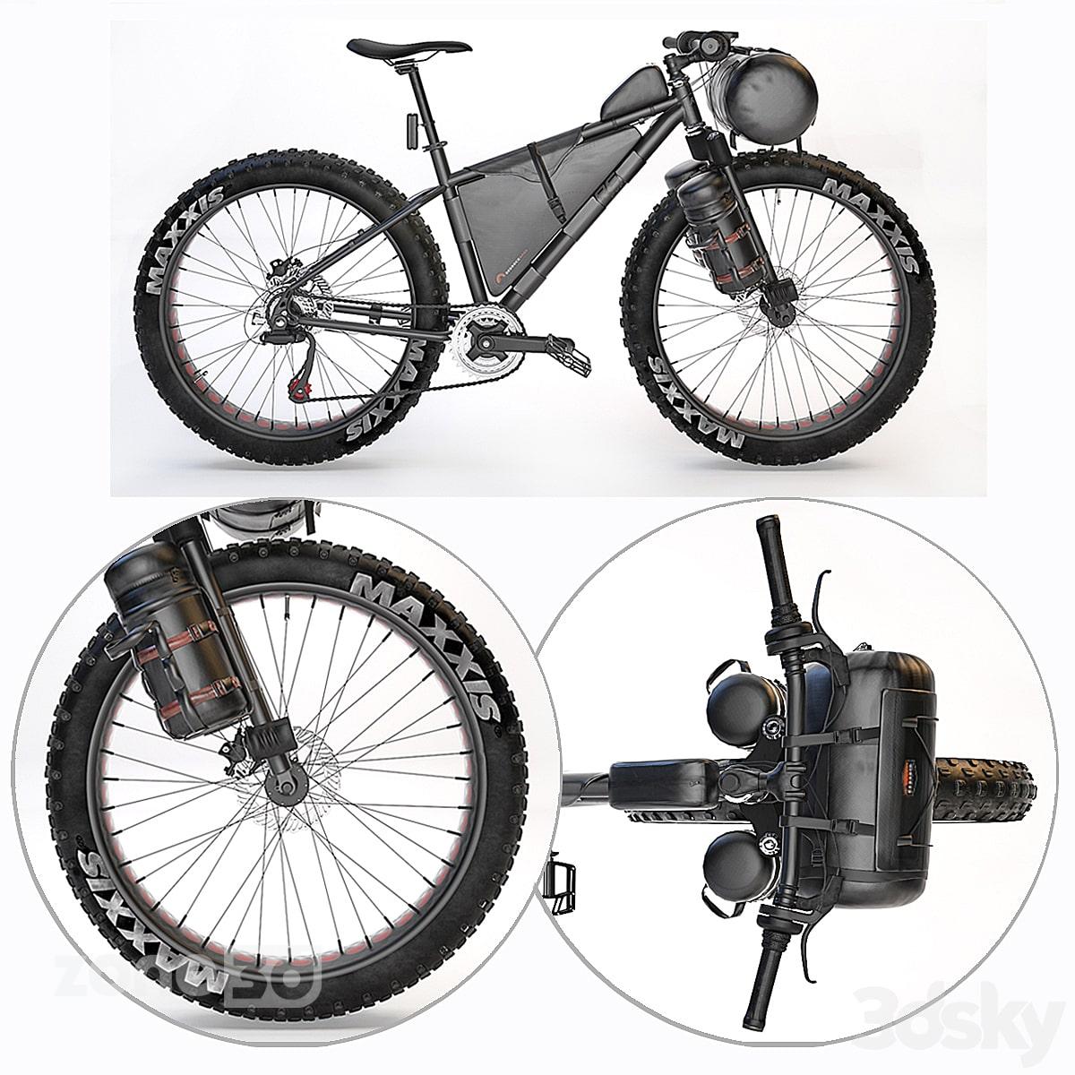 آبجکت دوچرخه مدرن کوهستانی با بدنه فلزی به همراه کیف چرمی مسافرتی مدل Magnum Peak