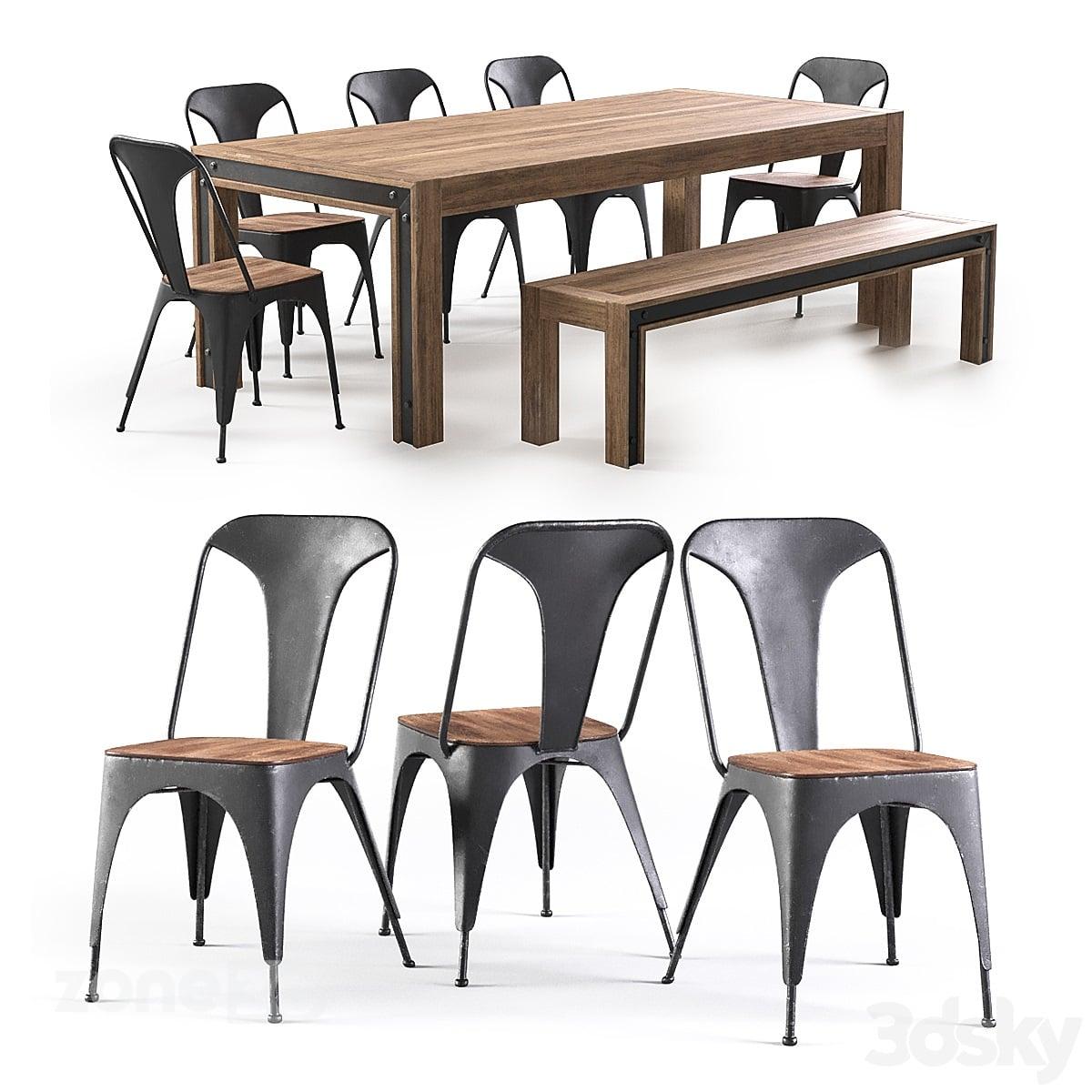 آبجکت ست میز مستطیل چوبی و فلزی صنعتی با نیمکت و صندلی فلزی Amos