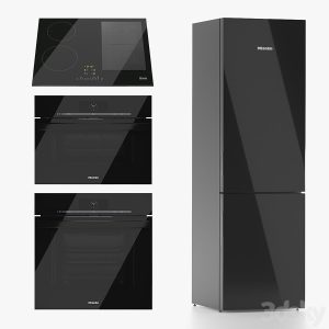 آبجکت ست یخچال مدرن فلزی و شیشه ای آشپزخانه با اجاق گاز صفحه ای و فرتوکار Miele