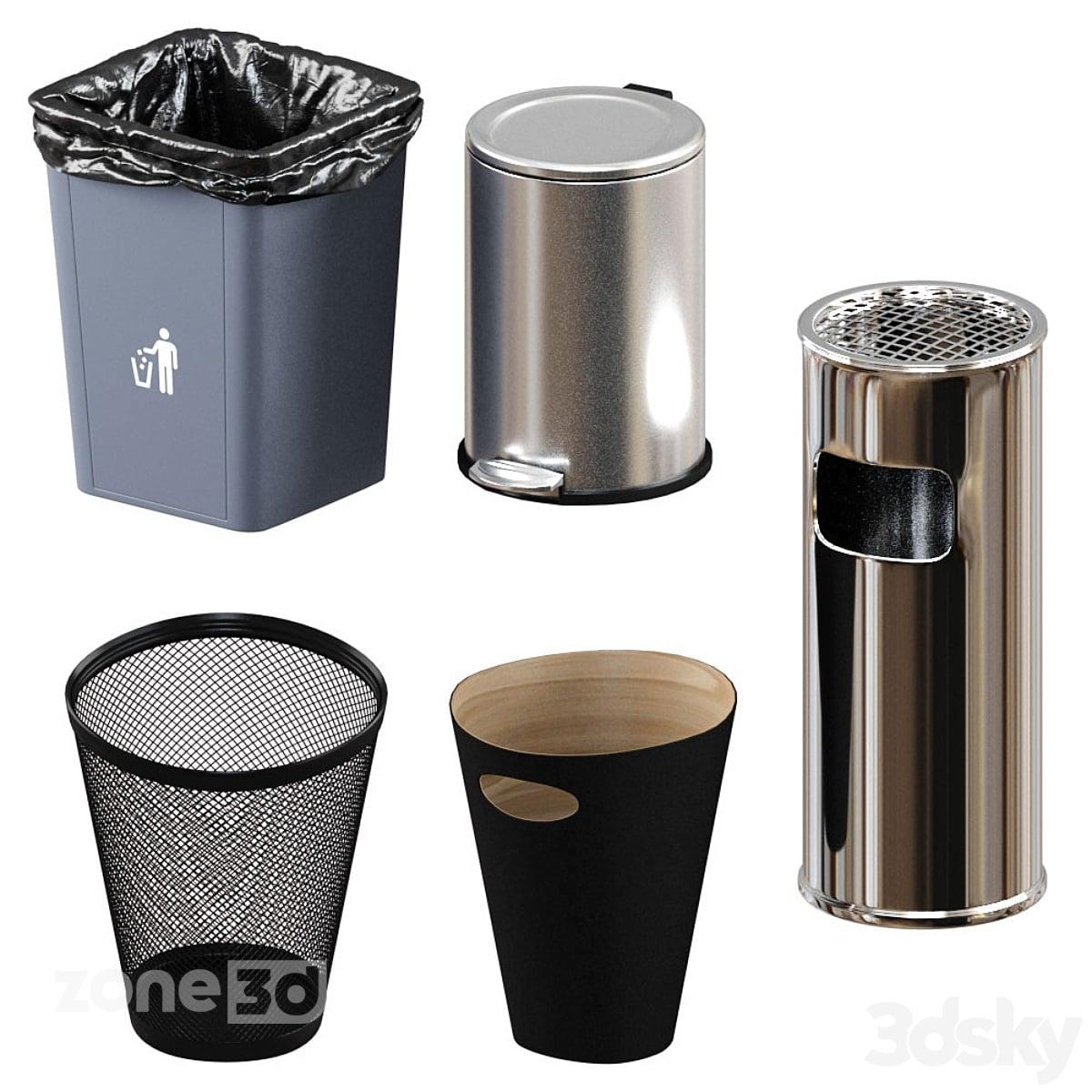 آبجکت ست پنج عددی سطل زباله مدرن فلزی و پلاستیکی
