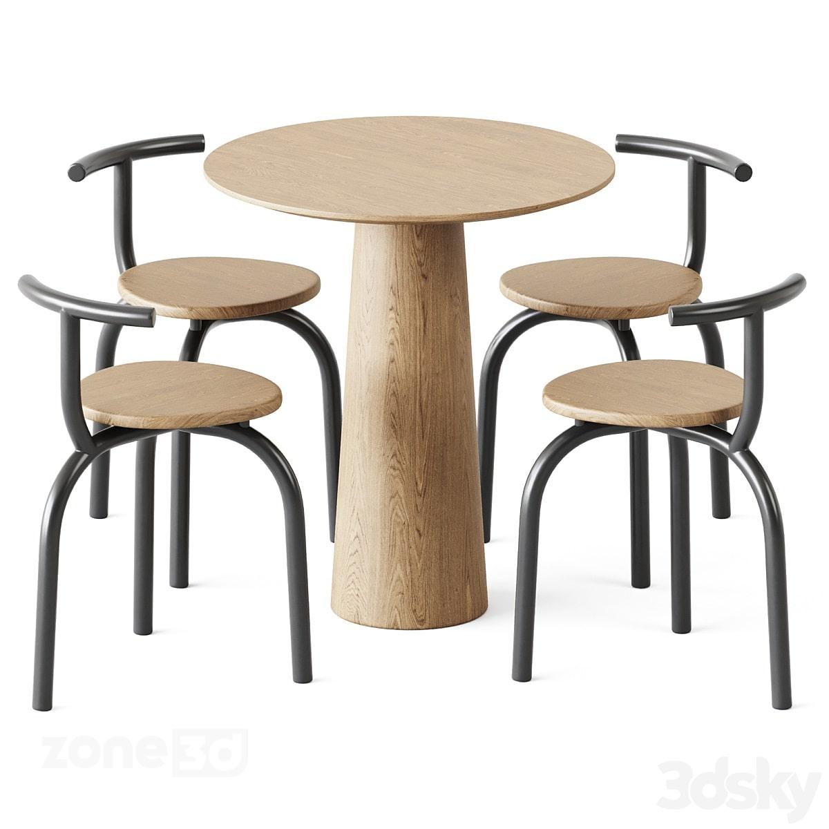 آبجکت ست میز غذاخوری چهارنفره گرد چوبی مدرن به همراه صندلی چوبی و فلزی مدل P.O.V. D70