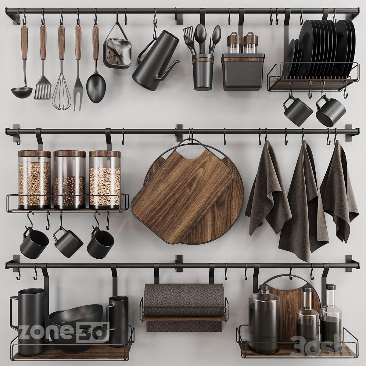 آبجکت ست لوازم و ظروف فلزی و چوبی مدرن آشپزخانه به همراه ریل