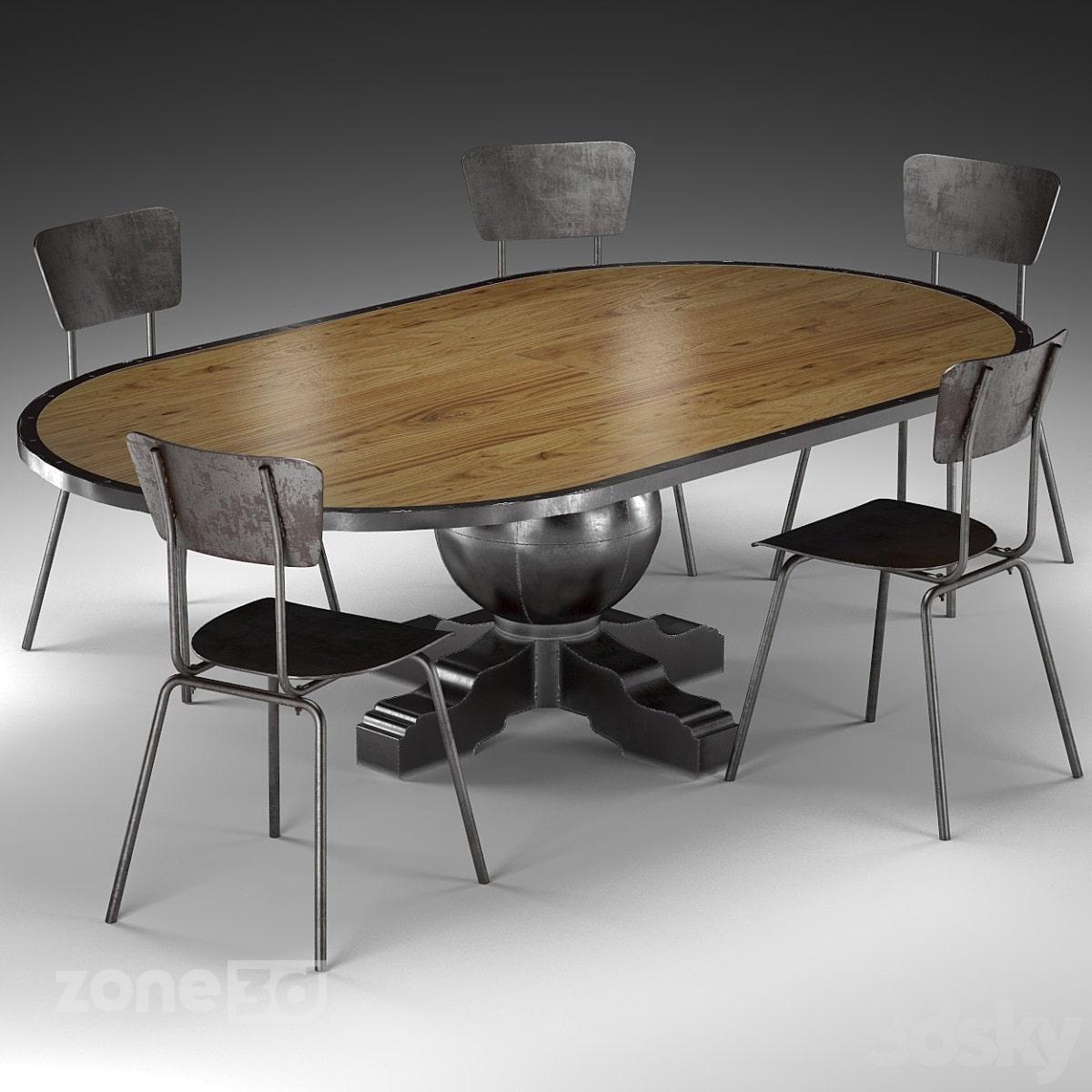 آبجکت میز غذاخوری بیضی چوبی صنعتی پنج نفره با صندلی فلزی مدل Enzo Pine