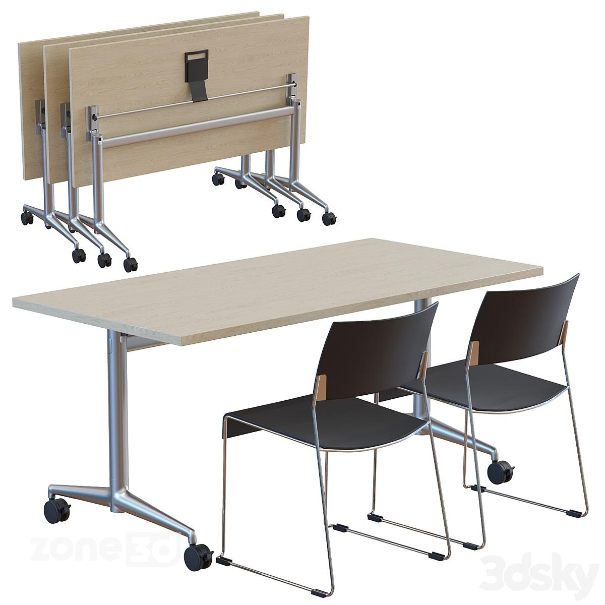آبجکت میز چوبی مدرن اداری با پایه فلزی چرخدار و صندلی چوبی مدل Fina fold 6990