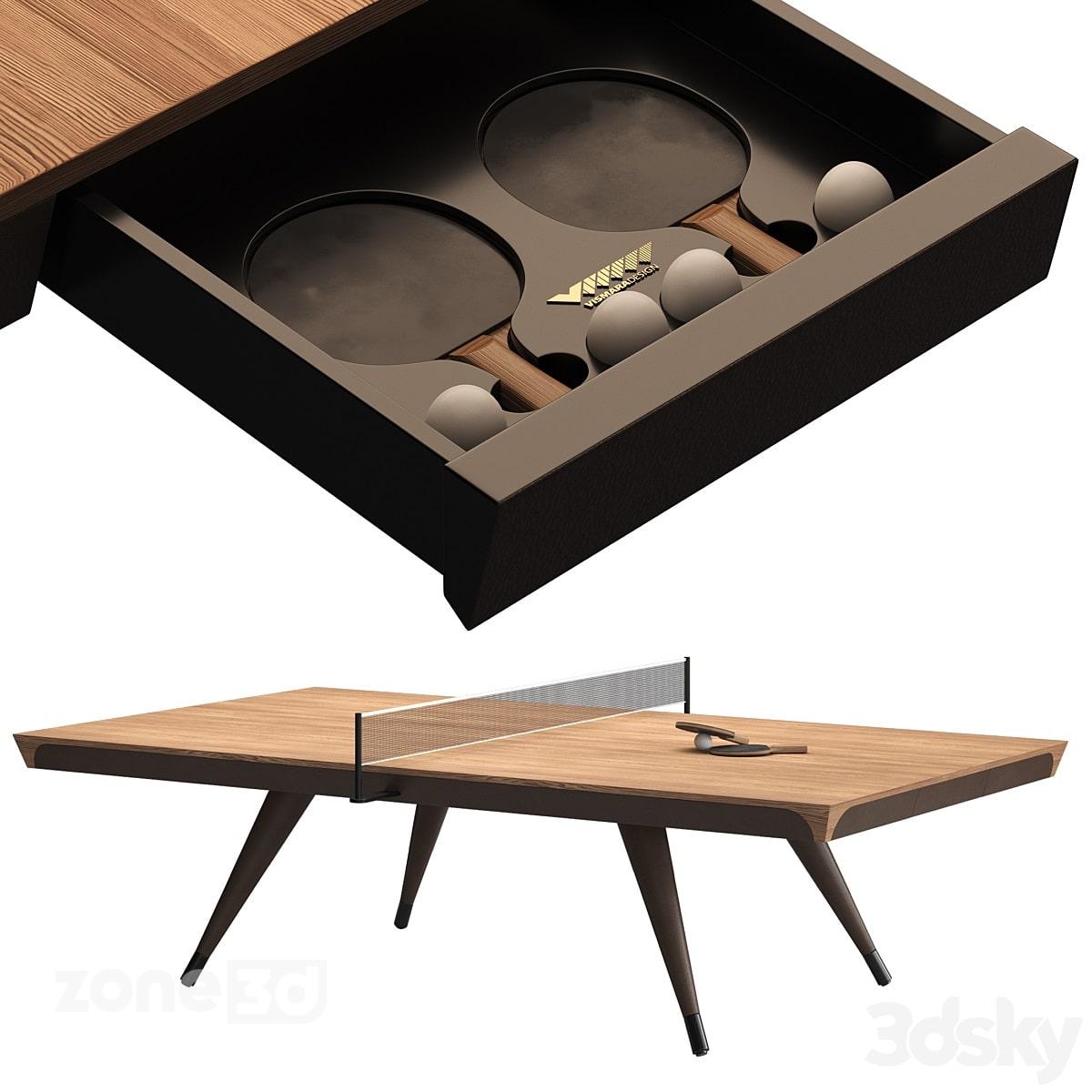 آبجکت میز پینگ پونگ مدرن چوبی با کشو به همراه توپ و راکت مدل BLADE