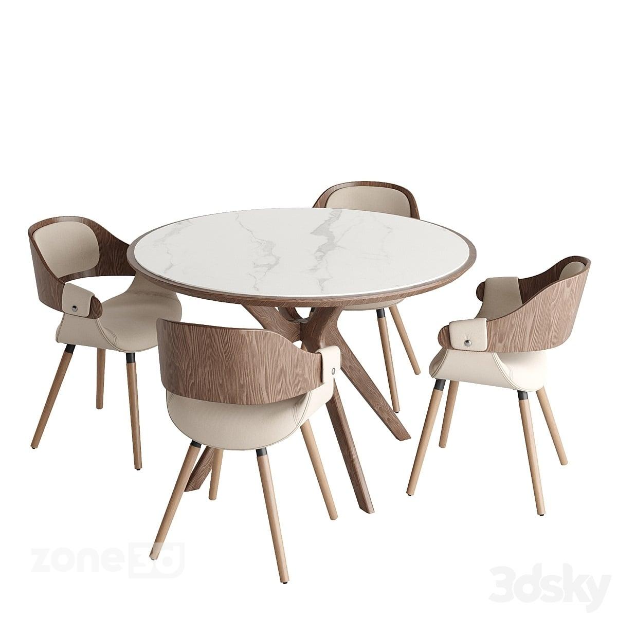 آبجکت ست میز گرد غذاخوری چوبی و سنگی چهارنفره با صندلی چوبی و پارچه ای مدل Tango and Jody