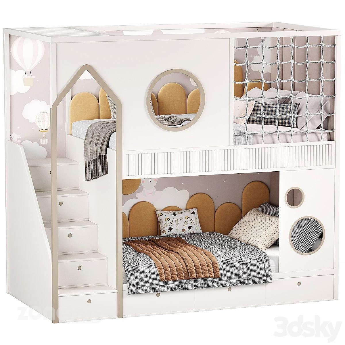 آبجکت ست تخت خواب دوطبقه اتاق کودک مدرن دو عددی با بدنه و پله چوبی به همراه با کشو زیر پله ای