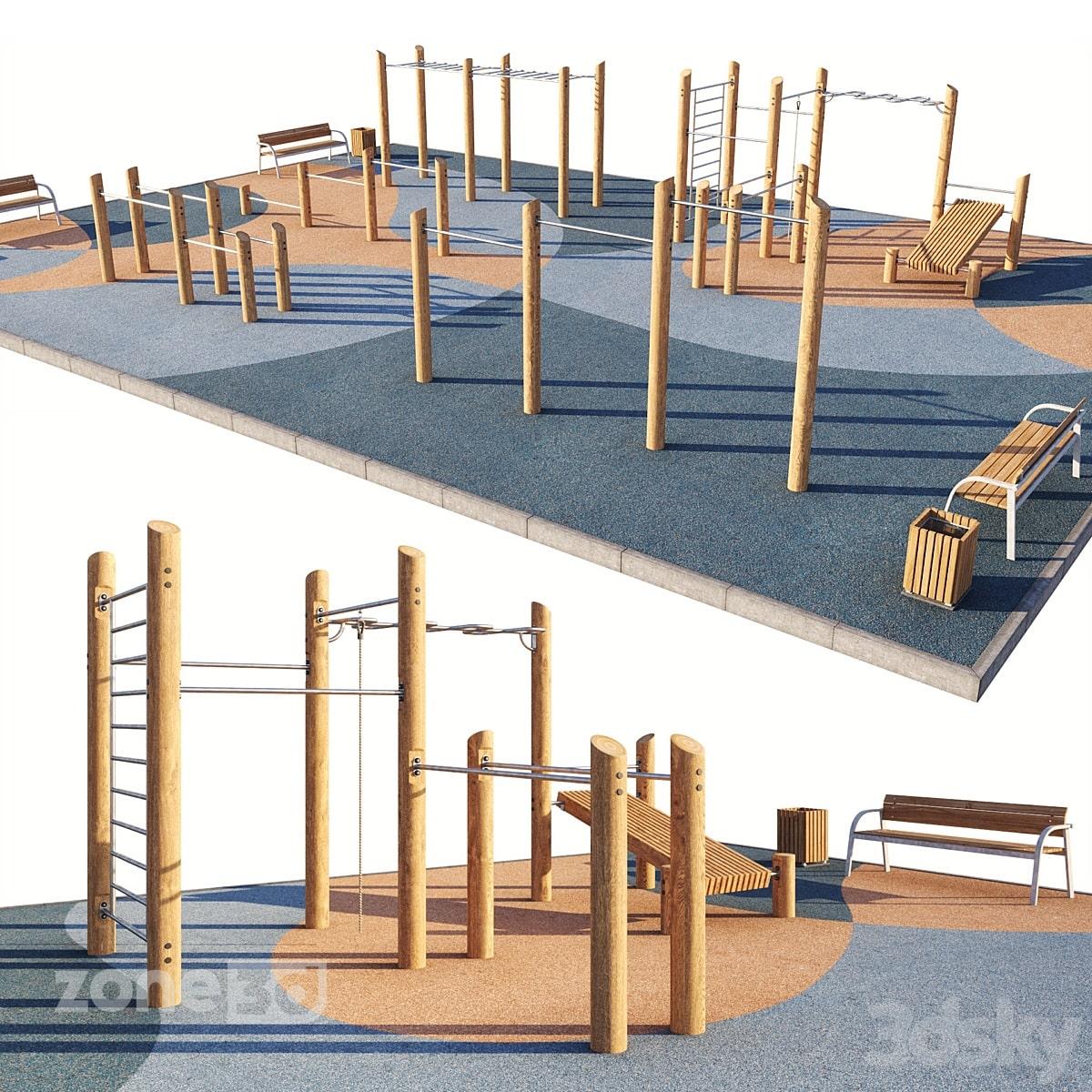 آبجکت زمین تمرین ورزشی به همراه لوازم چوبی و فلزی تمرین و نیمکت