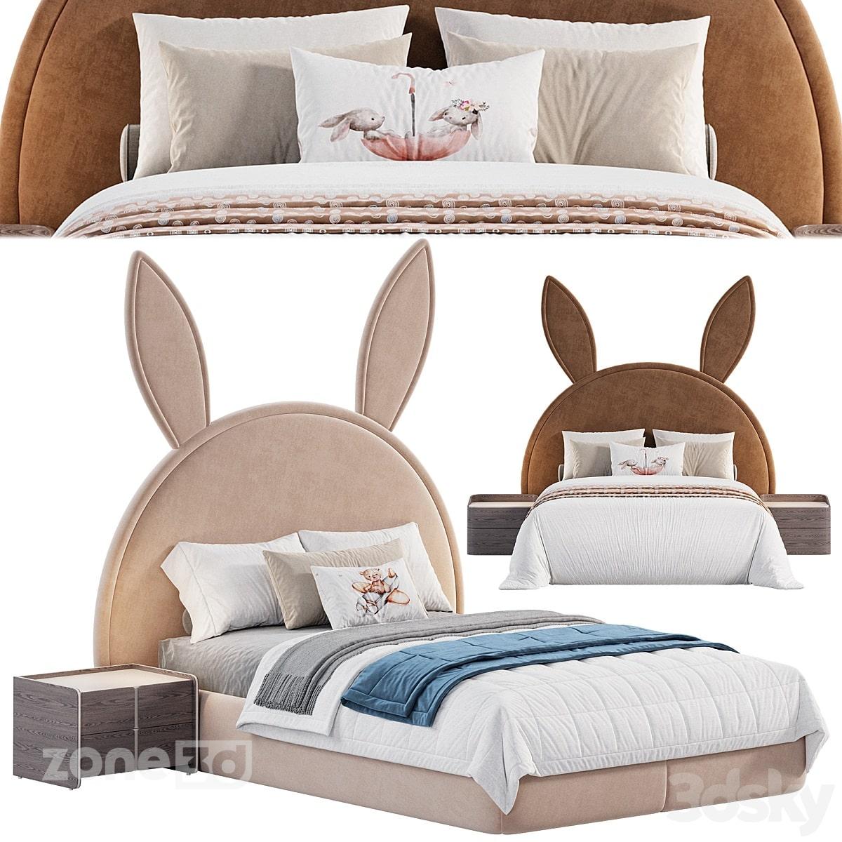 آبجکت تخت خواب پارچه ای مدرن اتاق کودک با تاج عروسکی به همراه میز پاتختی مدل Bunny bed