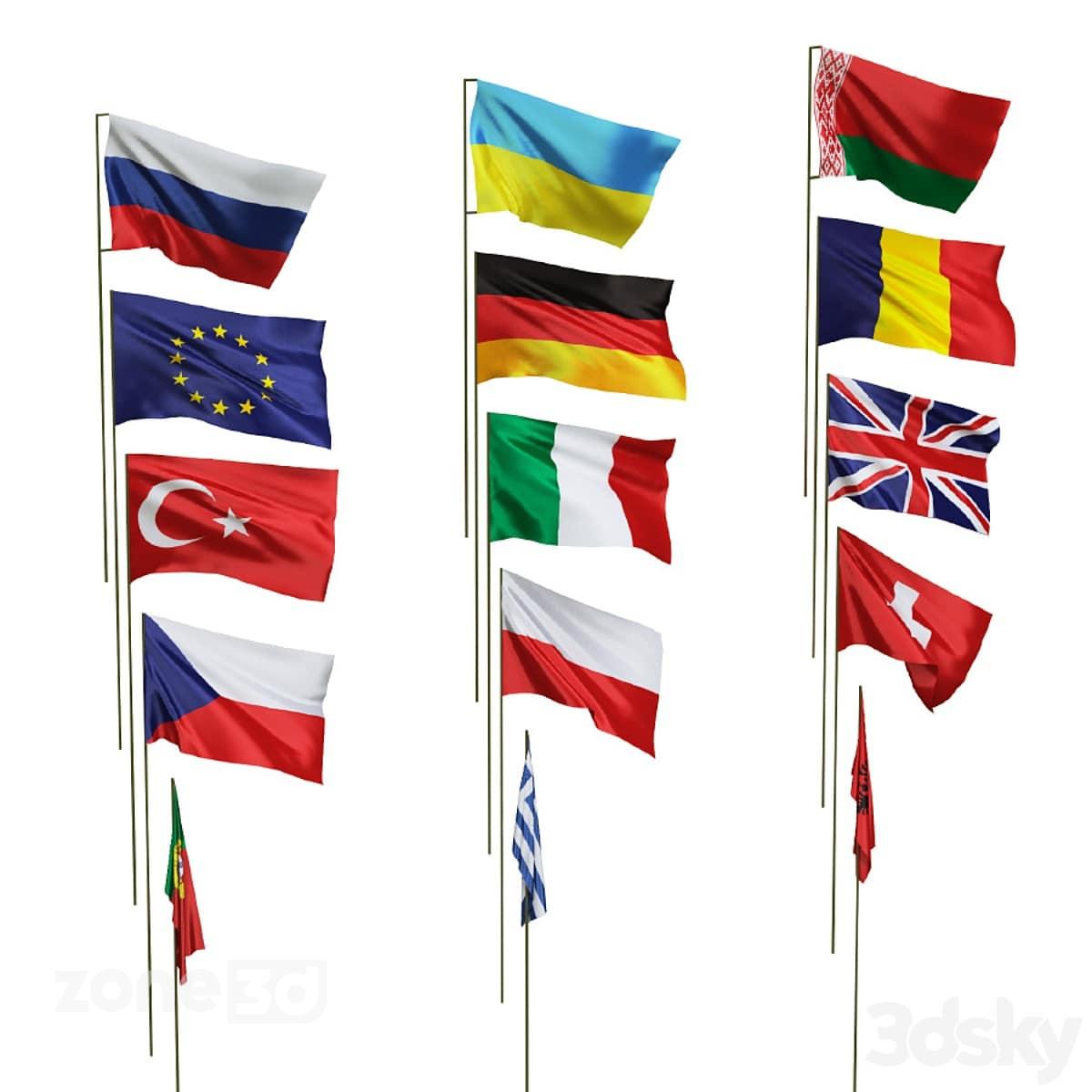 آبجکت ست پانزده عددی پرچم کشورها با میله فلزی برای محیط شهری