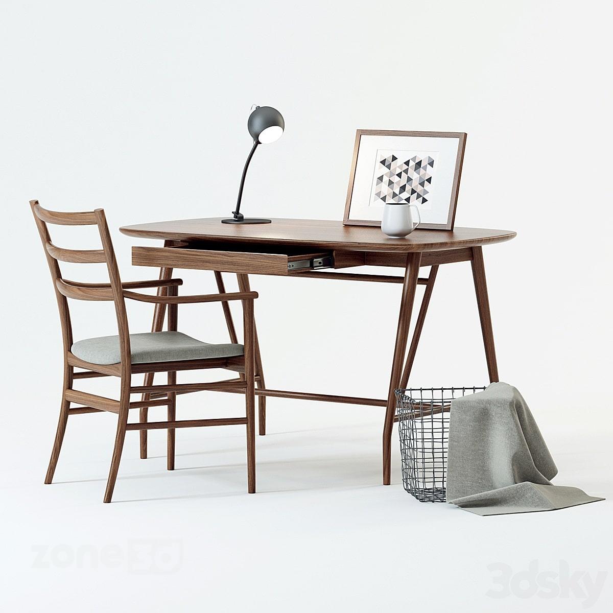 آبجکت میز کار چوبی اسکاندیناوی با صندلی پارچه ای و چوبی به همراه لوازم دکوری و چراغ رومیزی