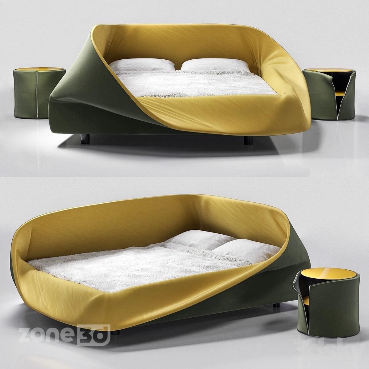 آبجکت تخت خواب دو نفره مدرن با بدنه منحنی پارچه ای و میز گرد پارچه ای lago colletto