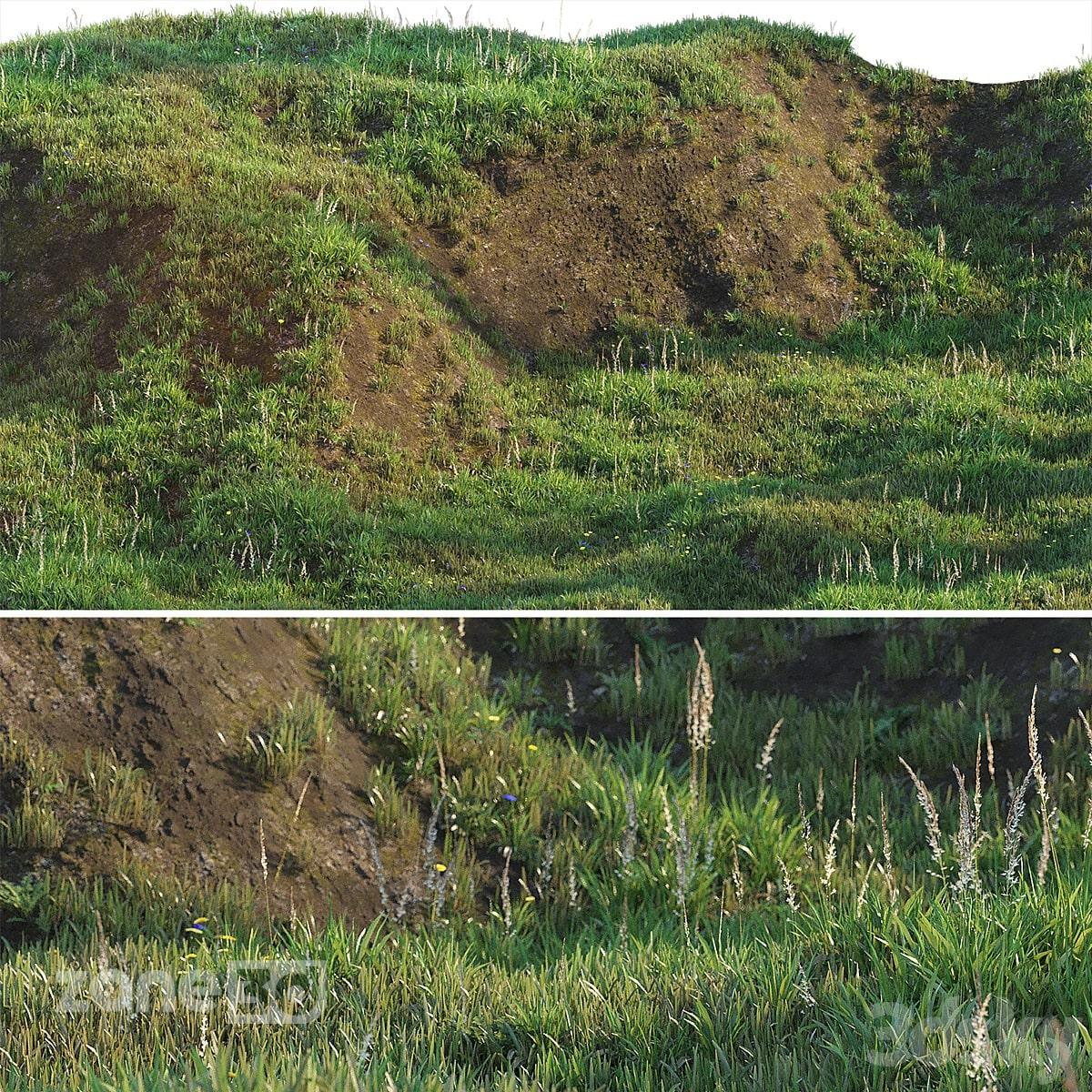 آبجکت چمن سبز بلند با گیاهان به همراه تپه خاکی شیب دار