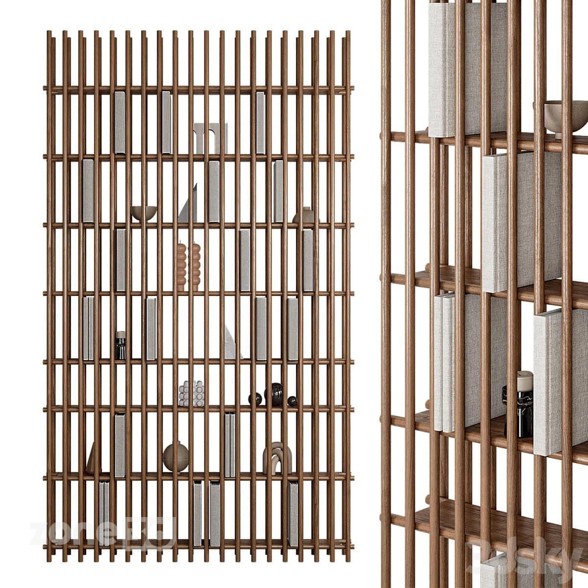آبجکت شلف مدرن هفت طبقه چوبی به همراه لوازم دکوری