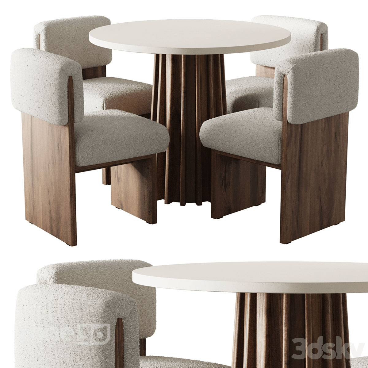 آبجکت میز غذاخوری گرد مدرن چوبی به همراه صندلی پارچه ای cozymatic