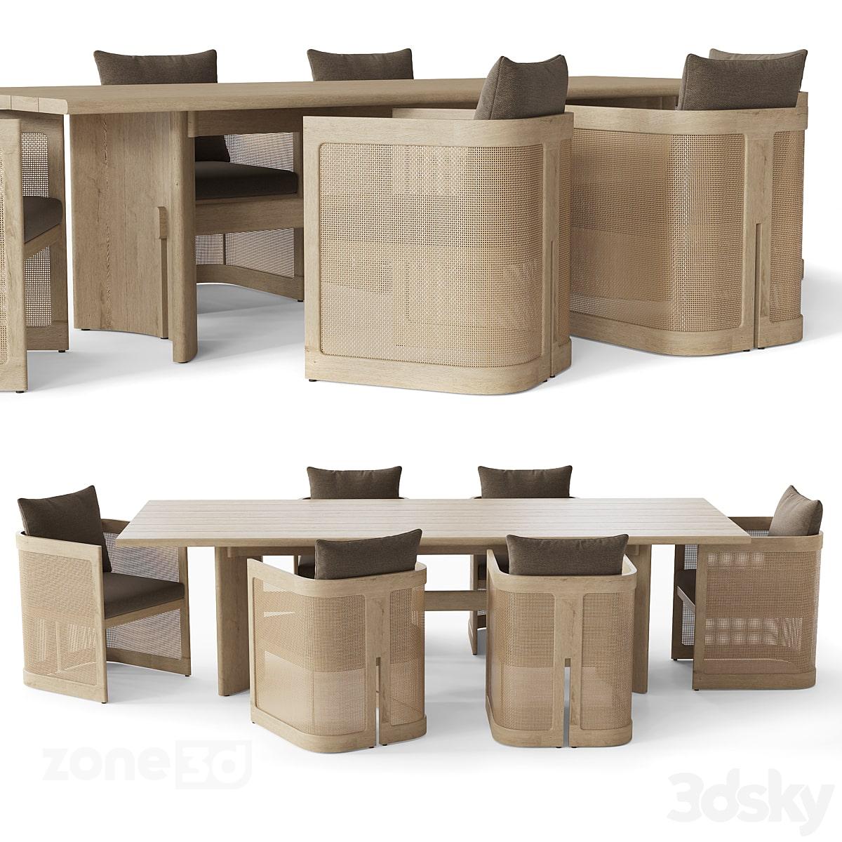 آبجکت میز مستطیل چوبی مدرن غذاخوری با صندلی پارچه ای و حصیریRH TRIESTE