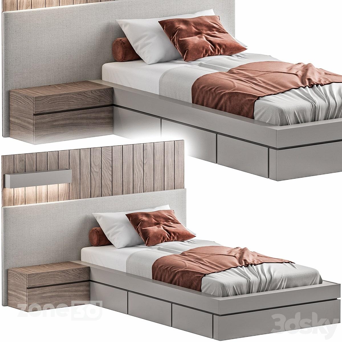 آبجکت تخت خواب تک نفره راحتی مدرن با دیوار پارچه ای و چوبی به همراه میز پاتختی
