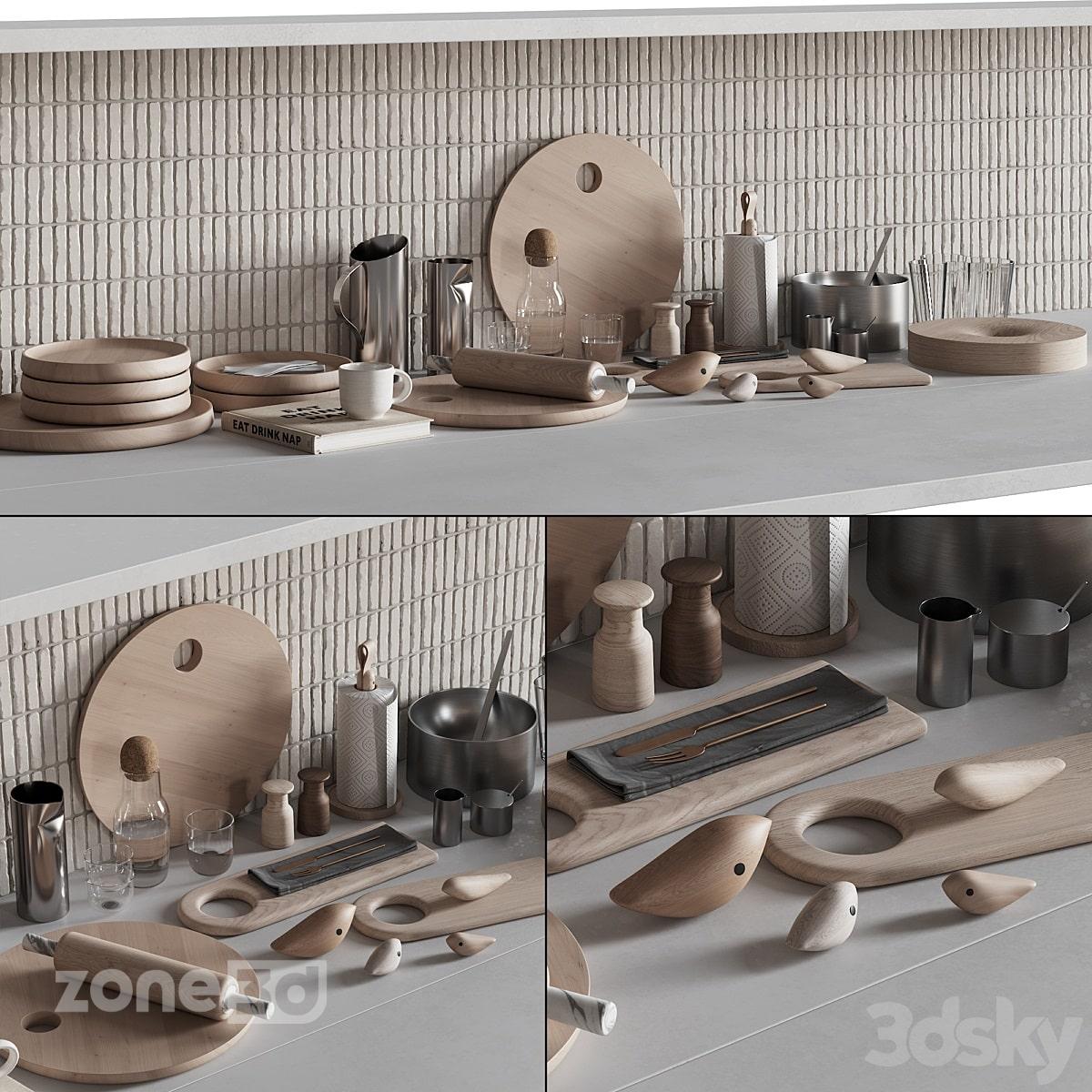 آبجکت ست ظروف چوبی و فلزی مدرن آشپزخانه به همراه لوازم دکوری