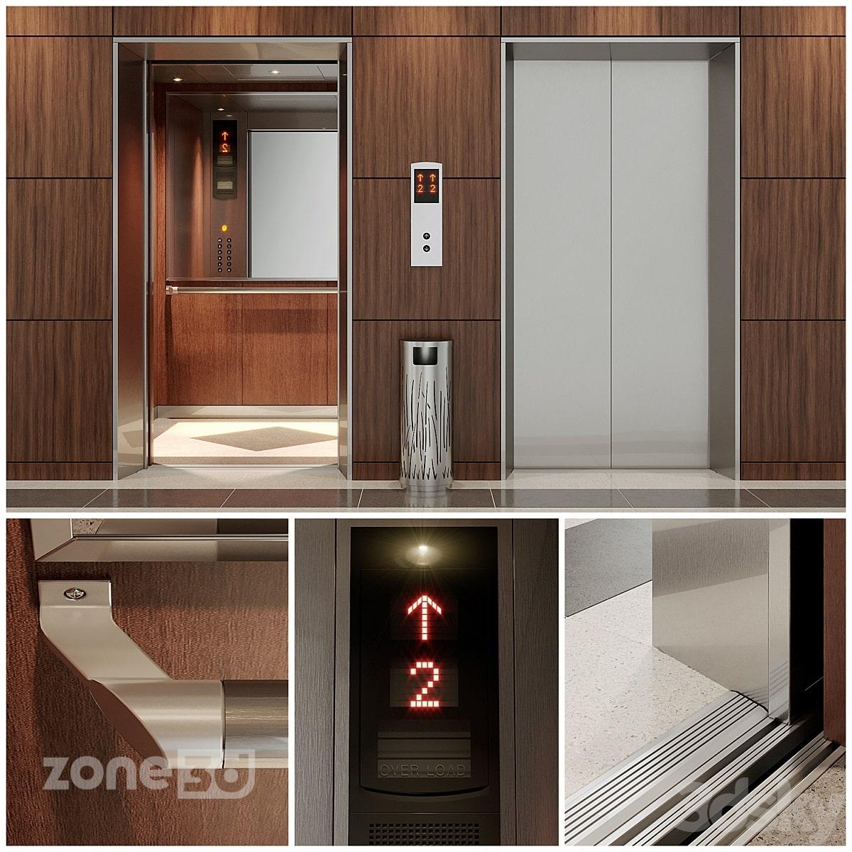 آبجکت ورودی مدرن چوبی و فلزی آسانسور با کف سرامیکی به همراه کابین آسانسور