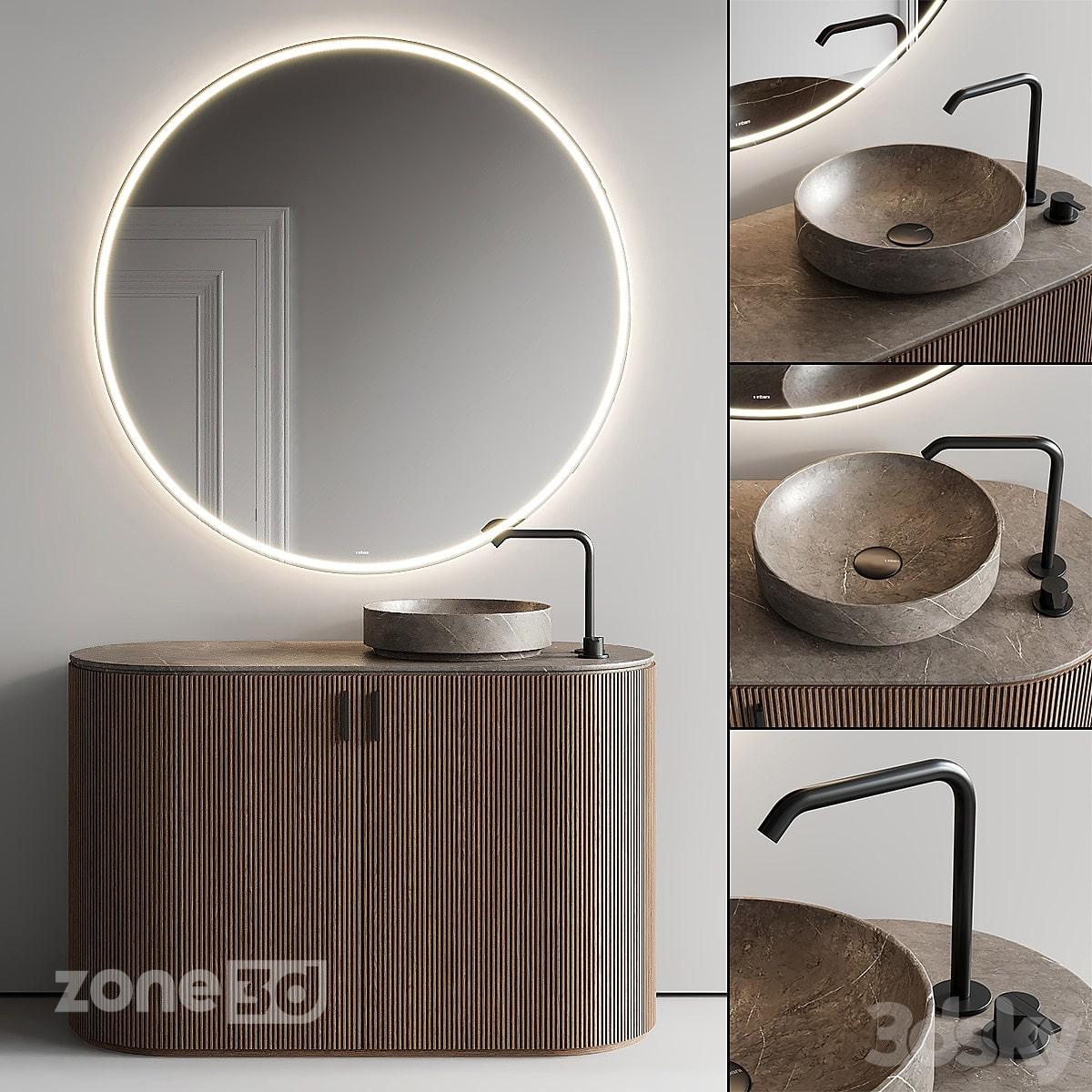 آبجکت ست روشویی گرد سنگی مدرن با کابینت چوبی و آیینه گردGrate Vanity