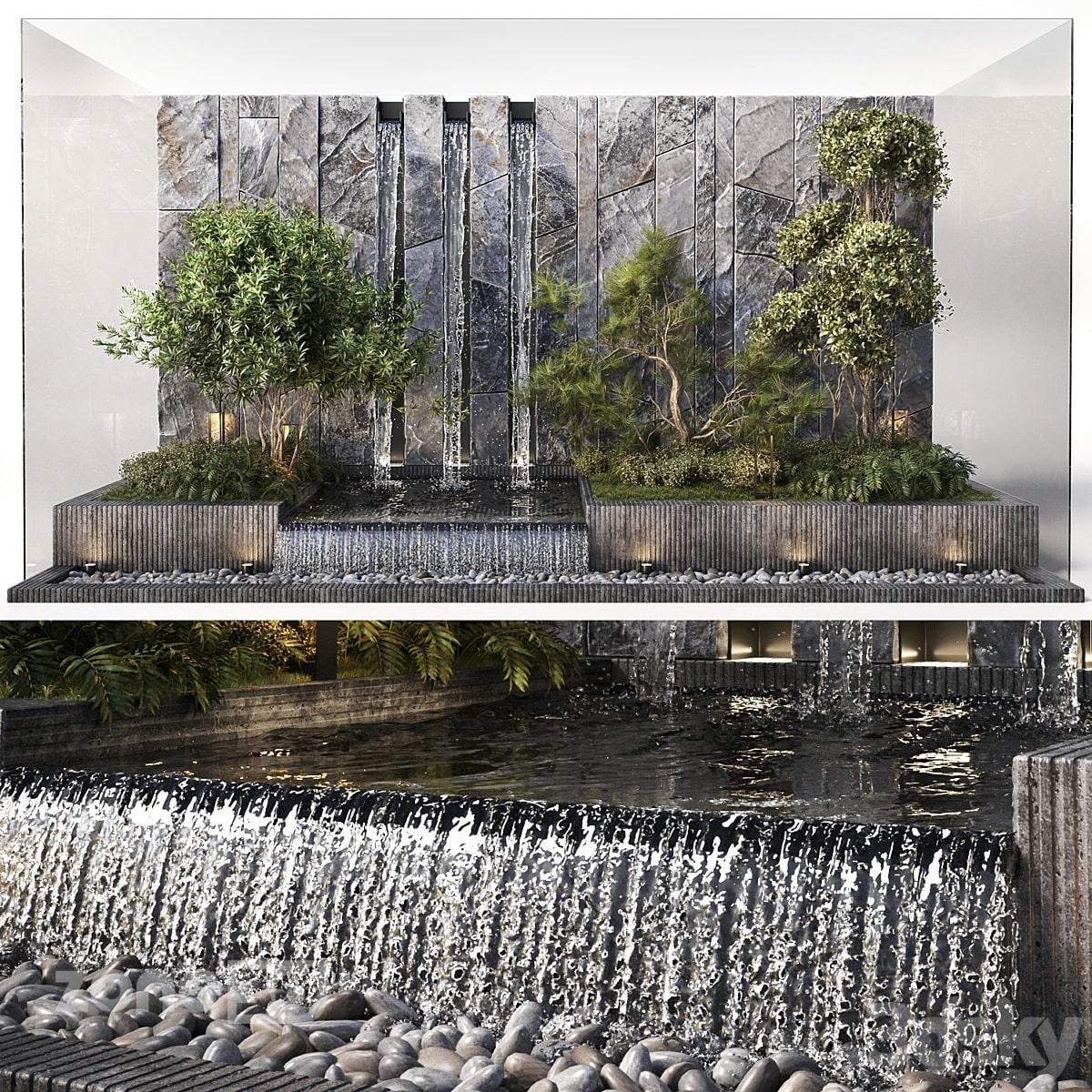 آبجکت آبشار مصنوعی دیواری با باغچه به همراه گیاهان آپارتمانی